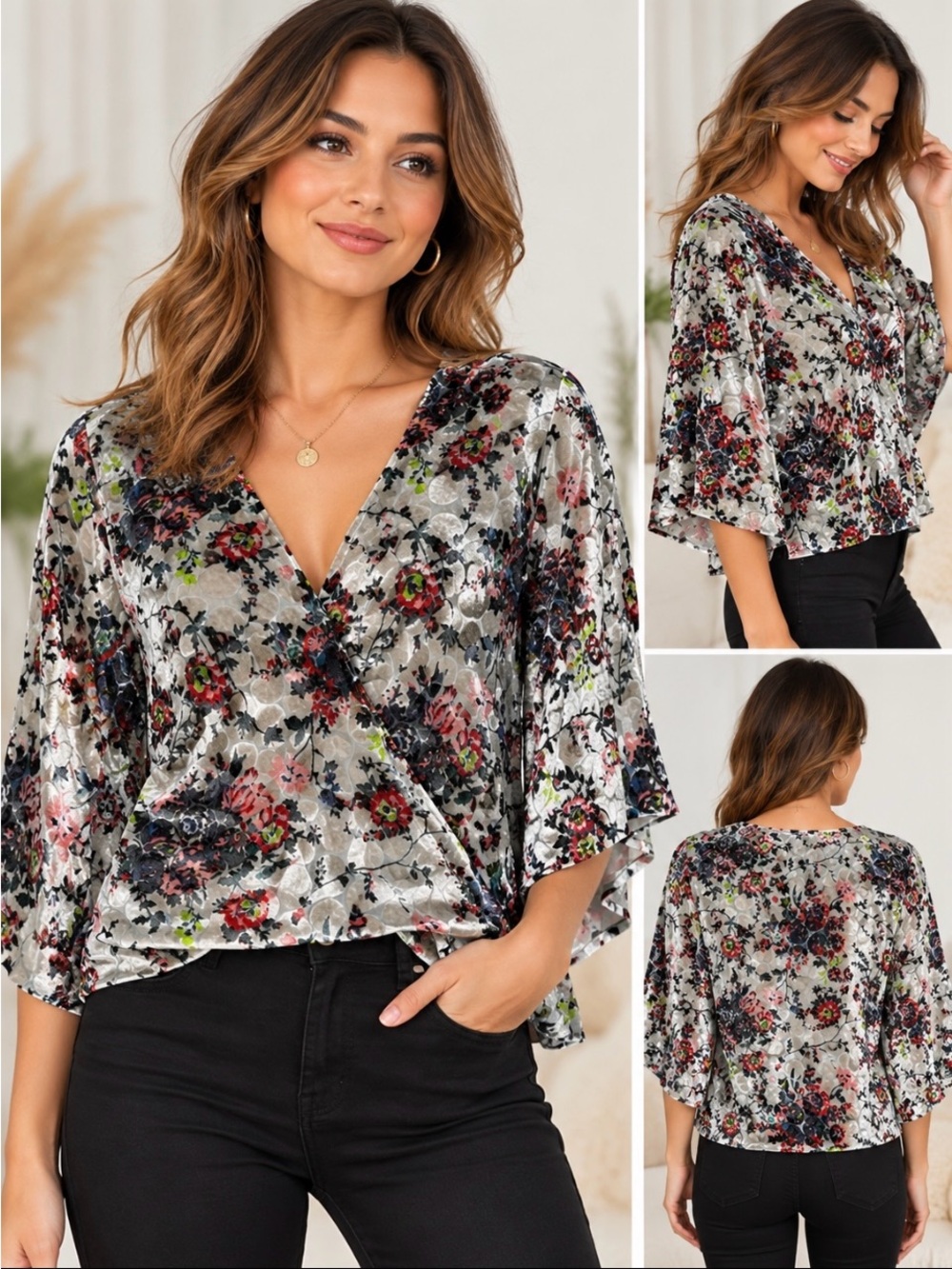 Maeve by Anthropologie Floral Velvet Burnout Silk Blend M Kimono Sleeve Blouse